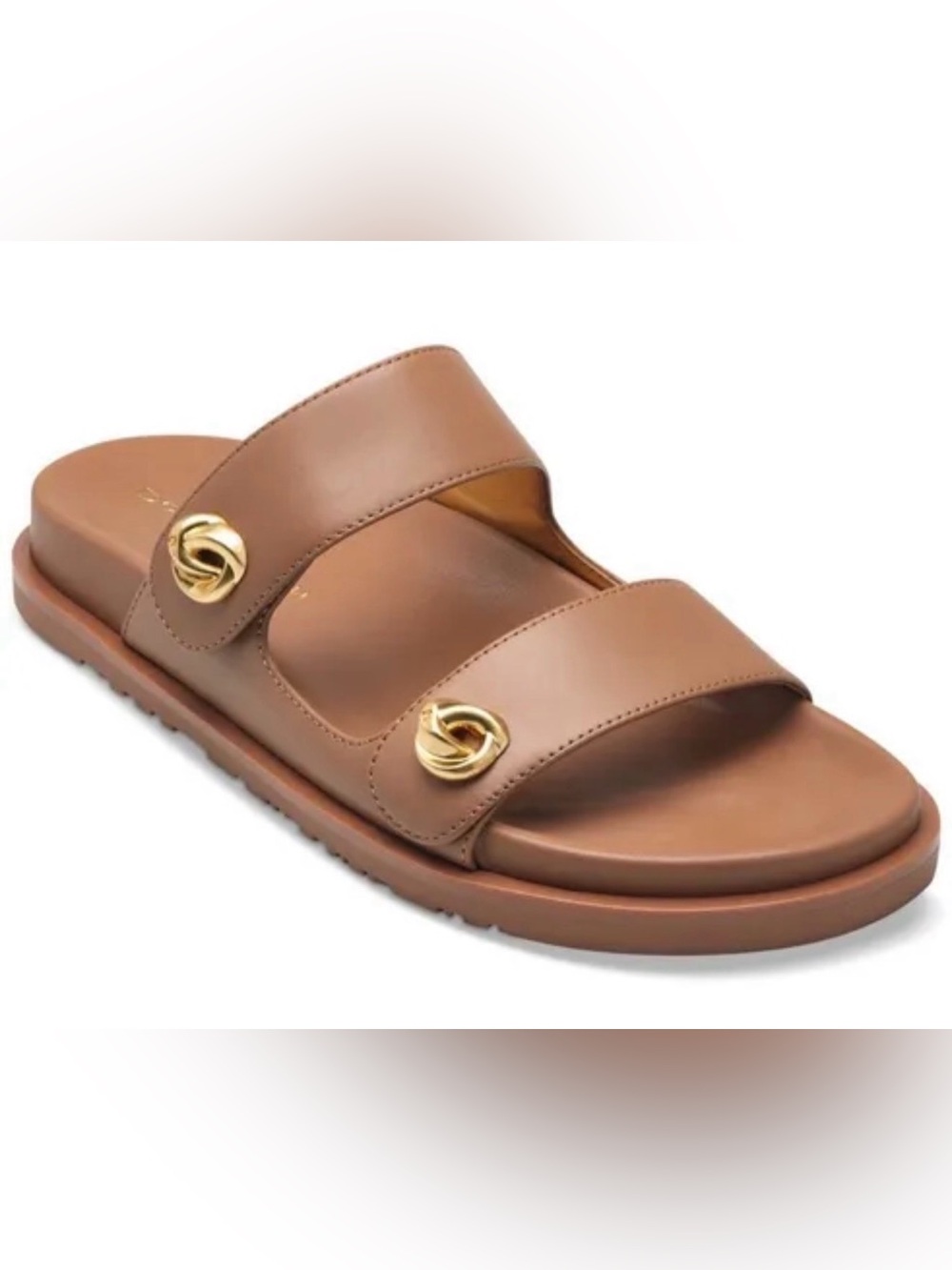 Donna Karan Hazley Cognac Leather Slip-On Sandals Double Strap Gold Accents 9